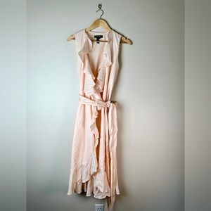 Ralph Lauren Green Tag Pastel Pink Linen & Cotton Ruffle Trim Wrap Dress Size 12
